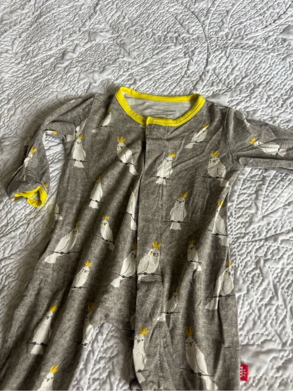 Magnetic Me Gray One-Piece Footie with Yellow Trim and Cockatoo Print